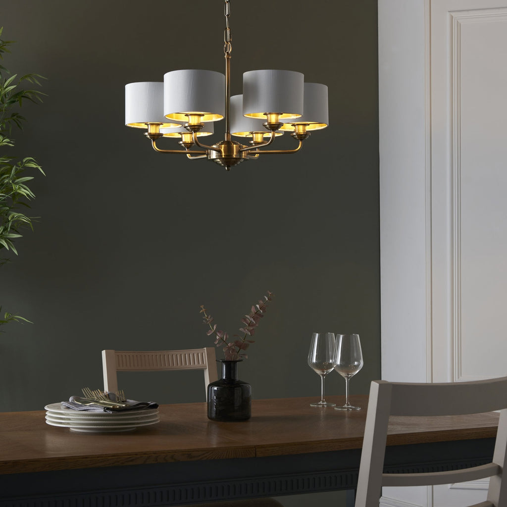 Highclere 6 Light Ceiling Pendant Light In Antique Brass Finish With Vintage White Shades 98936