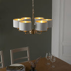 Highclere 6 Light Ceiling Pendant Light In Antique Brass Finish With Vintage White Shades 98936