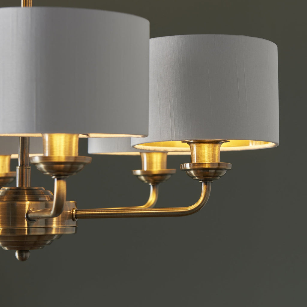 Highclere 6 Light Ceiling Pendant Light In Antique Brass Finish With Vintage White Shades 98936