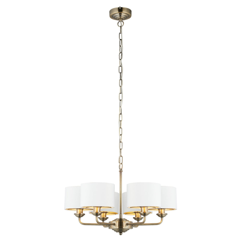 Highclere 6 Light Ceiling Pendant Light In Antique Brass Finish With Vintage White Shades 98936