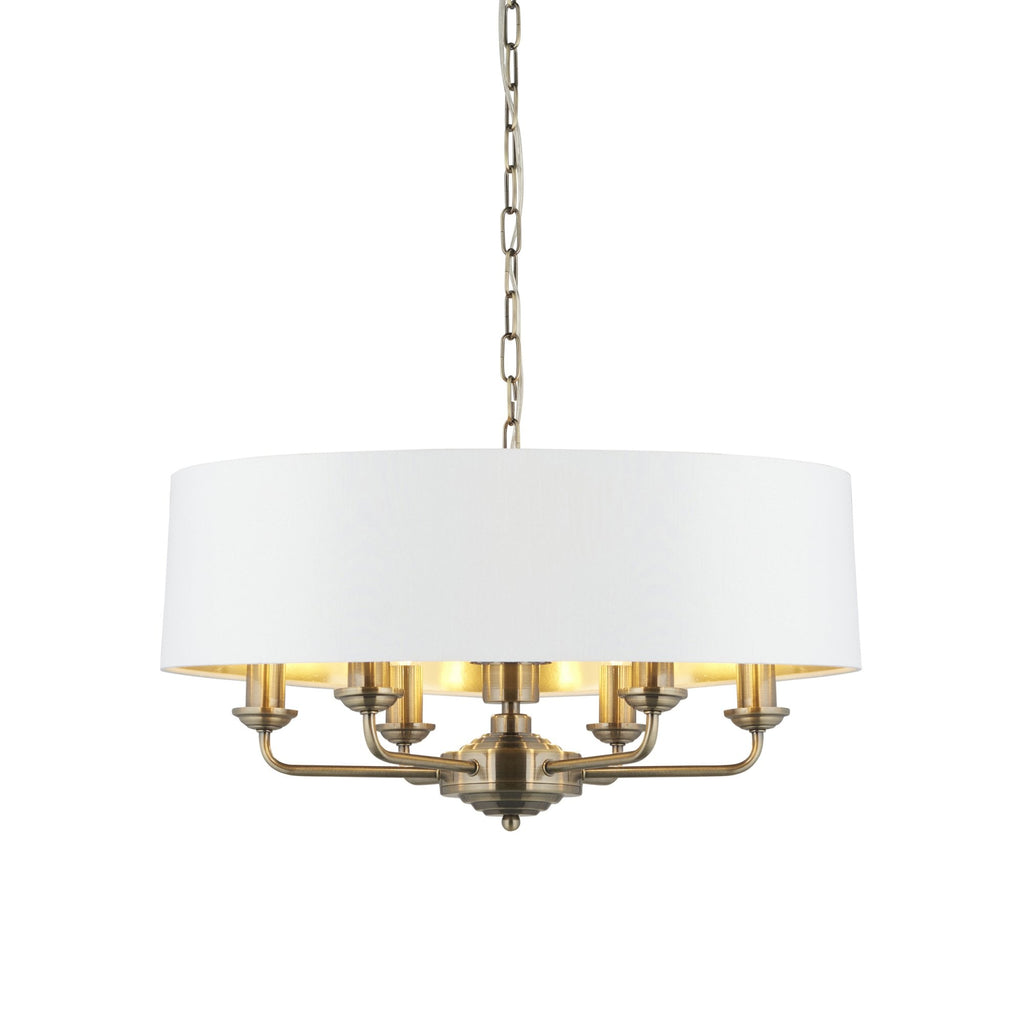 Highclere 6 Light Ceiling Pendant Light In Antique Brass Finish With Vintage White Shade 98933