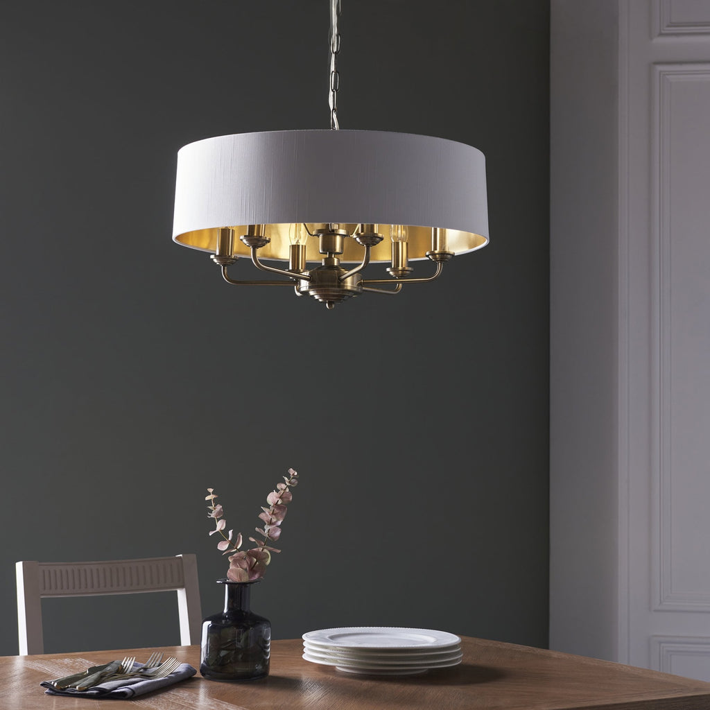 Highclere 6 Light Ceiling Pendant Light In Antique Brass Finish With Vintage White Shade 98933