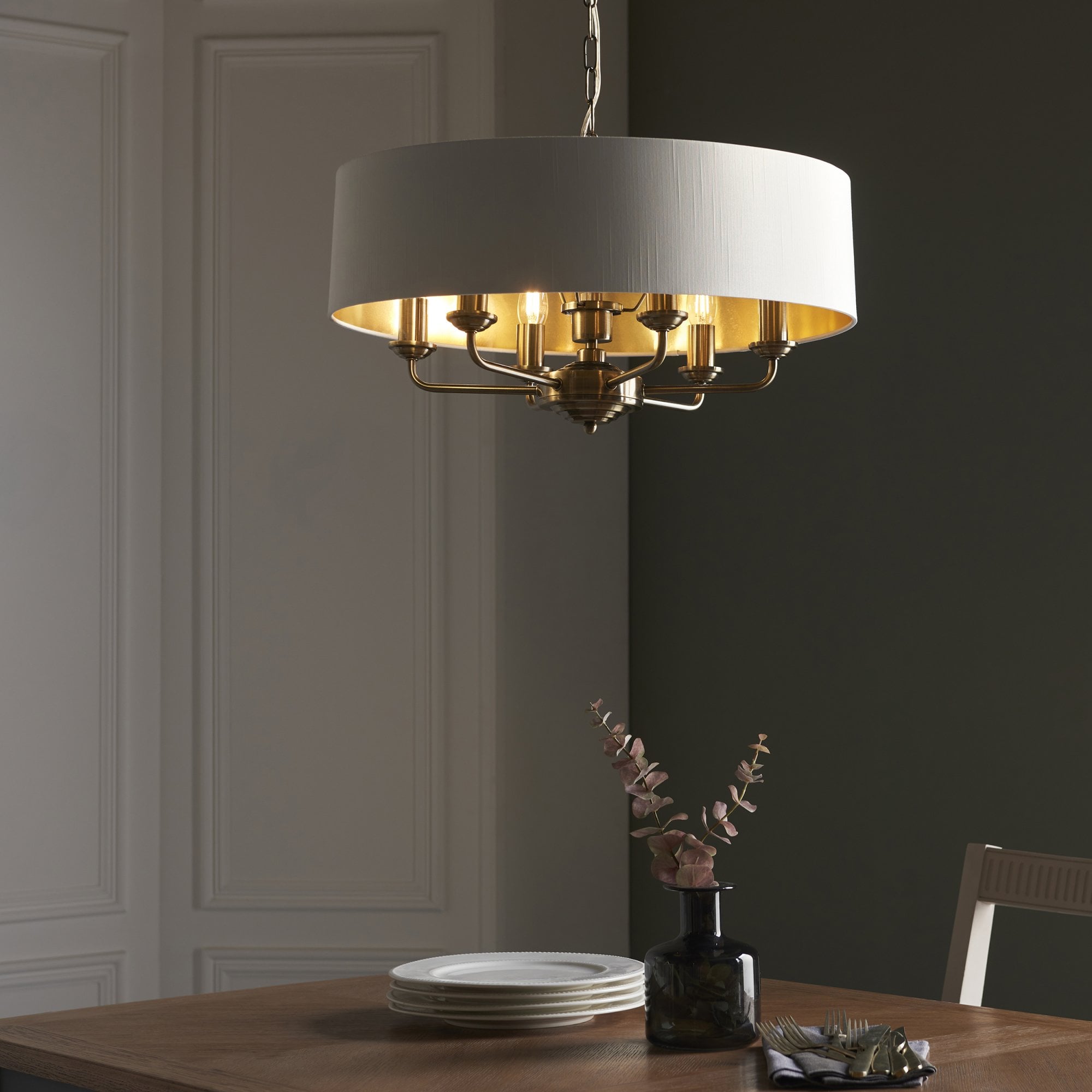 Highclere 6 Light Ceiling Pendant Light In Antique Brass Finish With Vintage White Shade 98933