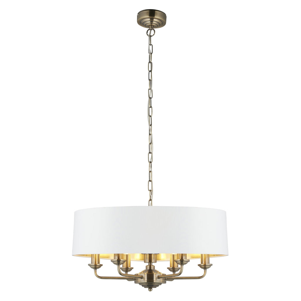 Highclere 6 Light Ceiling Pendant Light In Antique Brass Finish With Vintage White Shade 98933