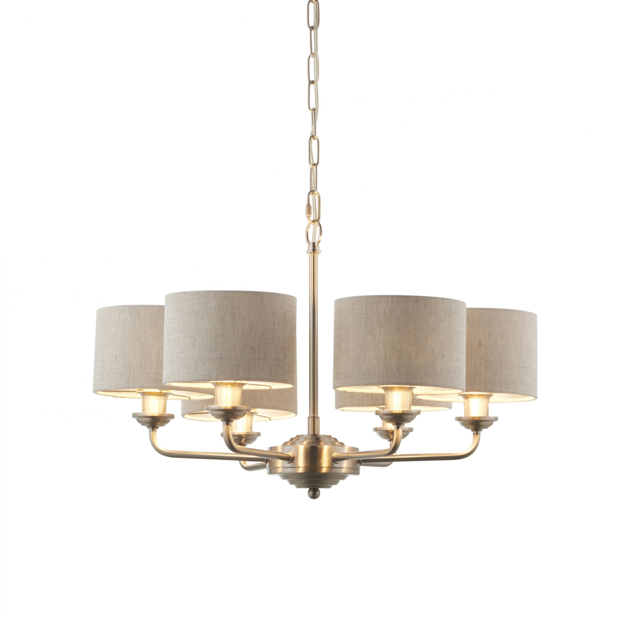 Highclere 6 Light Ceiling Pendant Light In Brushed Chrome With Natural Linen Shades 99151