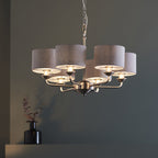 Highclere 6 Light Ceiling Pendant Light In Brushed Chrome With Natural Linen Shades 99151