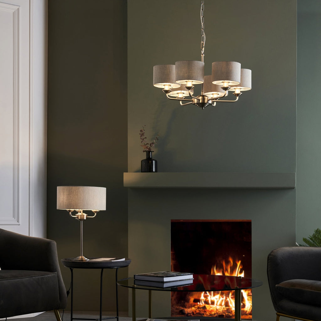 Highclere 6 Light Ceiling Pendant Light In Brushed Chrome With Natural Linen Shades 99151