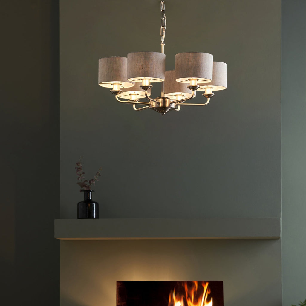 Highclere 6 Light Ceiling Pendant Light In Brushed Chrome With Natural Linen Shades 99151