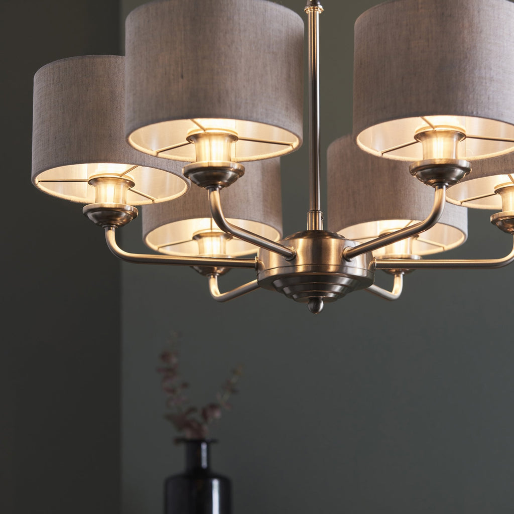 Highclere 6 Light Ceiling Pendant Light In Brushed Chrome With Natural Linen Shades 99151