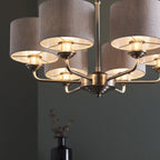 Highclere 6 Light Ceiling Pendant Light In Brushed Chrome With Natural Linen Shades 99151