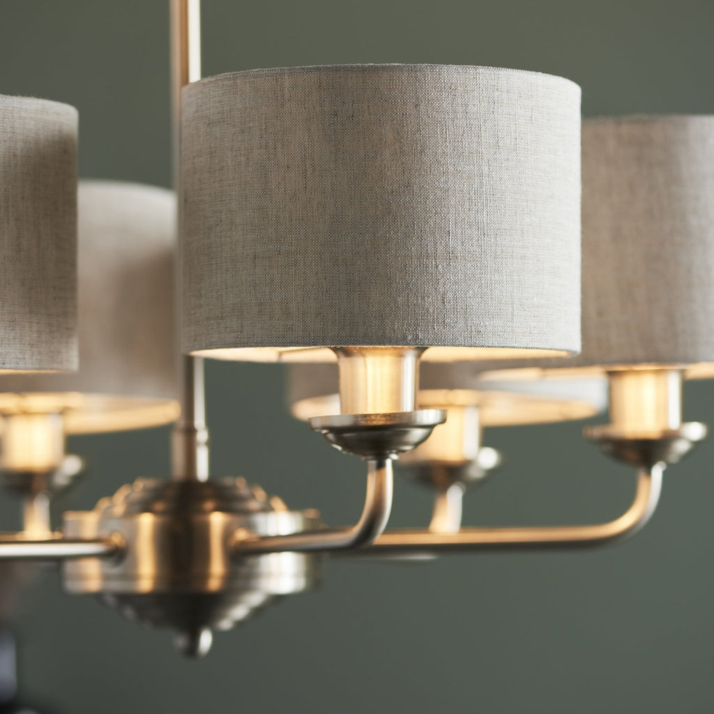 Highclere 6 Light Ceiling Pendant Light In Brushed Chrome With Natural Linen Shades 99151