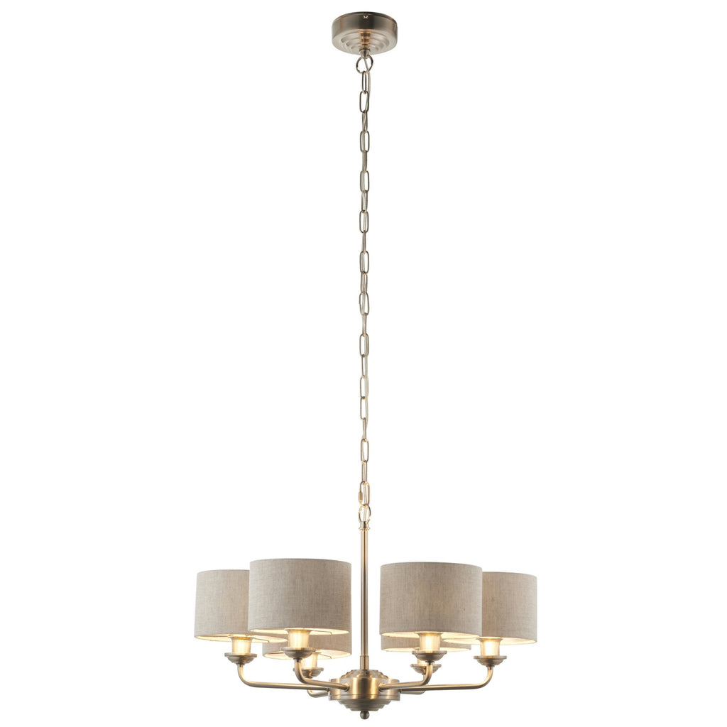 Highclere 6 Light Ceiling Pendant Light In Brushed Chrome With Natural Linen Shades 99151