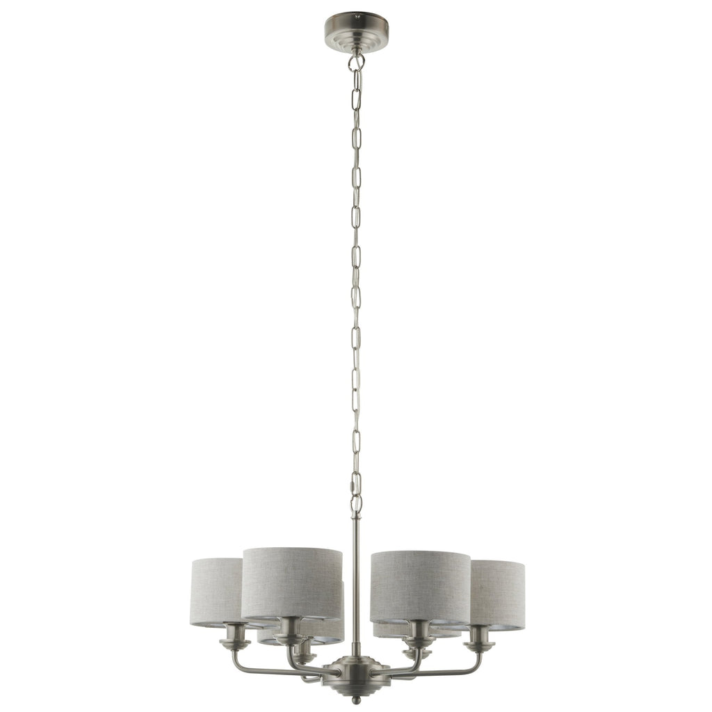 Highclere 6 Light Ceiling Pendant Light In Brushed Chrome With Natural Linen Shades 99151