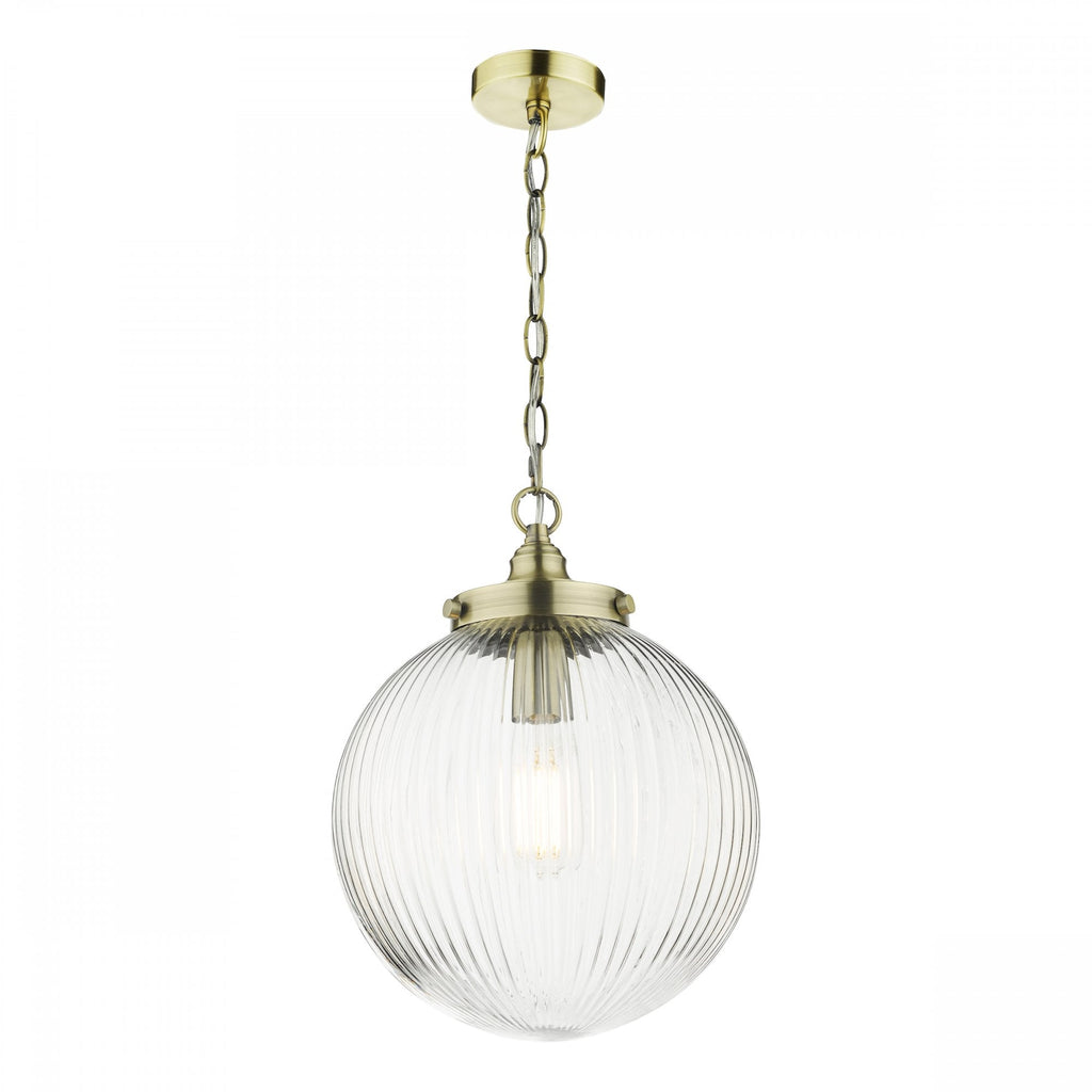 Tamara Single Ceiling Pendant Light In Antique Brass With Ribbed Glass TAM0175