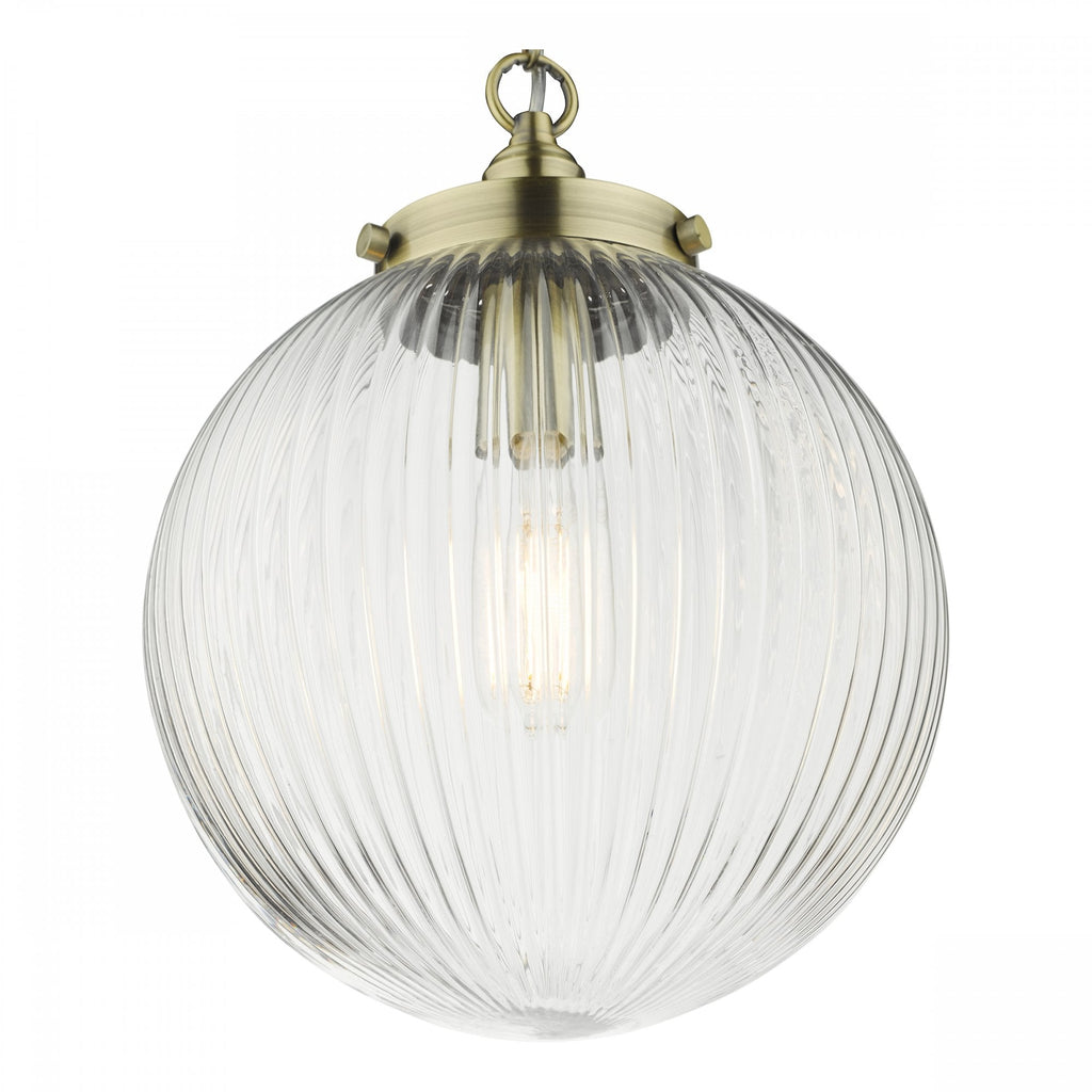 Tamara Single Ceiling Pendant Light In Antique Brass With Ribbed Glass TAM0175
