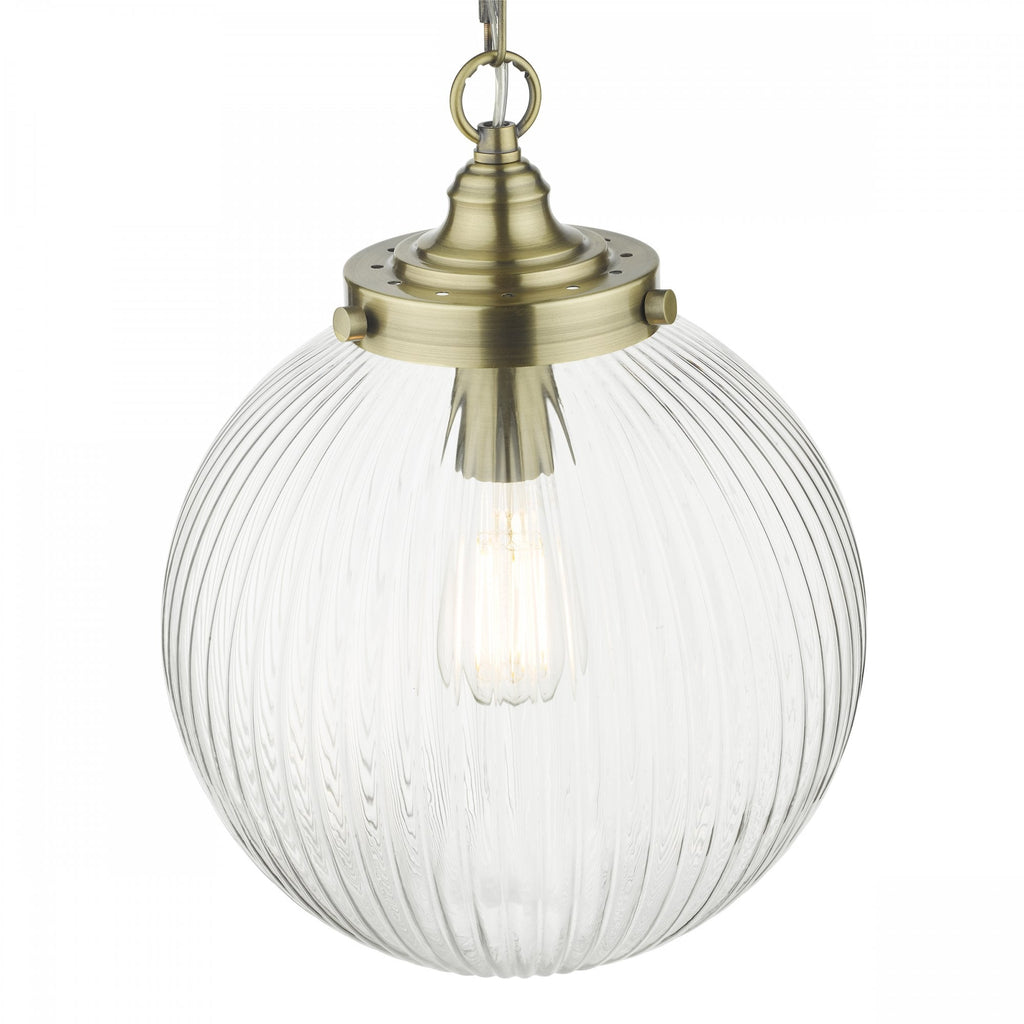 Tamara Single Ceiling Pendant Light In Antique Brass With Ribbed Glass TAM0175