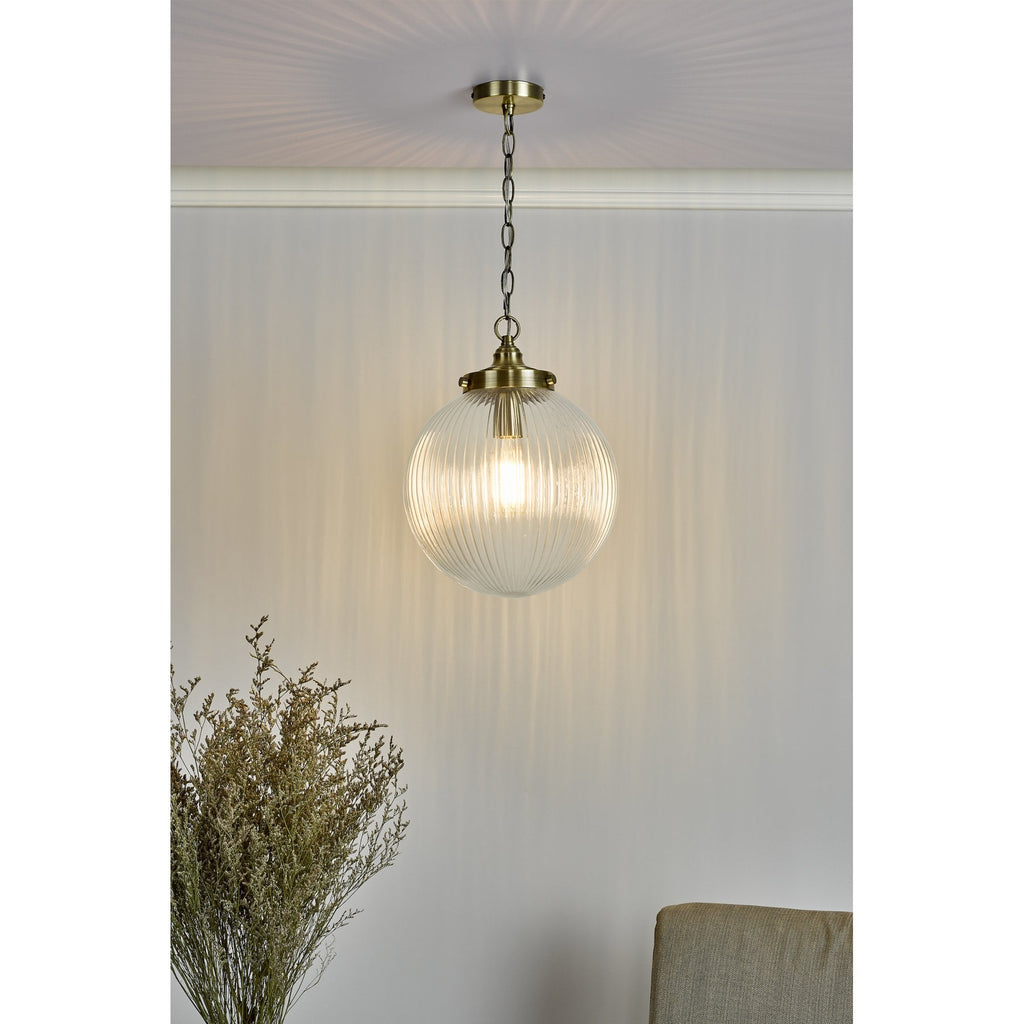Tamara Single Ceiling Pendant Light In Antique Brass With Ribbed Glass TAM0175