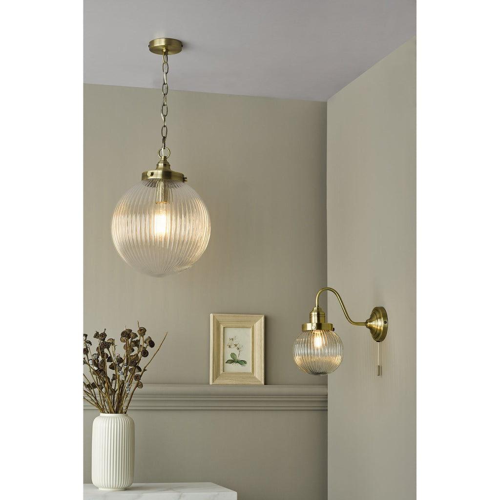 Tamara Single Ceiling Pendant Light In Antique Brass With Ribbed Glass TAM0175