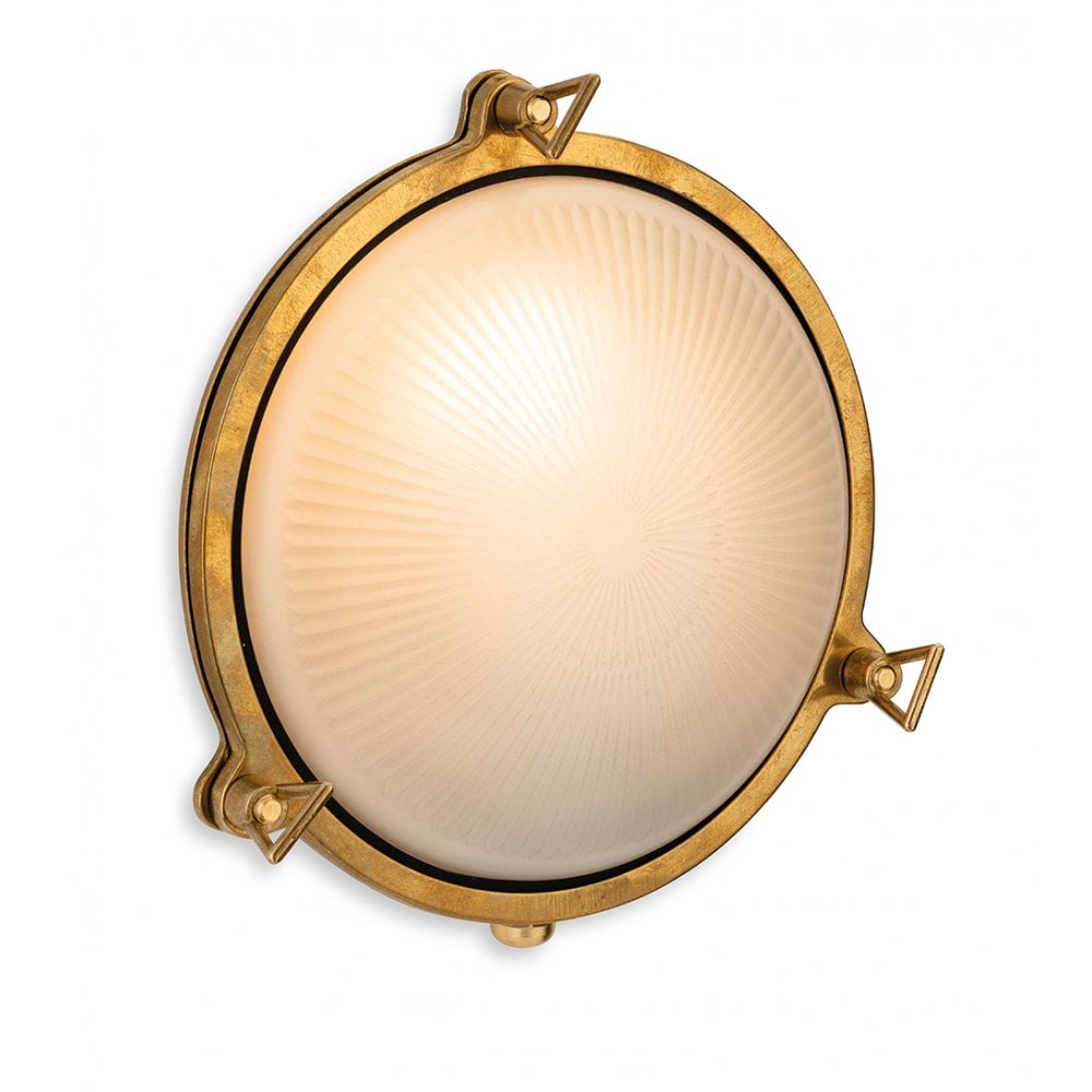 Nautic Exterior Round Bulkhead Wall Light In Brass with Frosted Glass IP64 3849BR