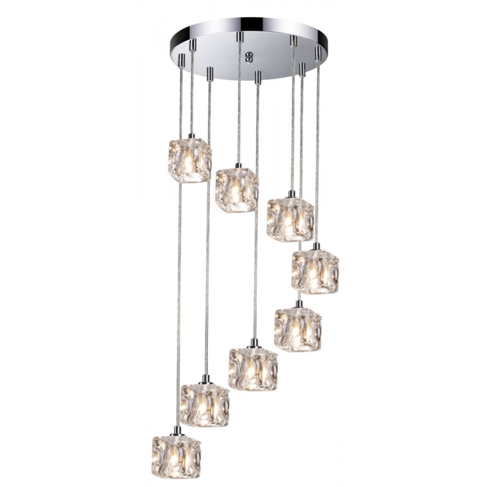Contemporary 8 Light Cluster Ceiling Pendant Light In Chrome With Ice Cube Shades