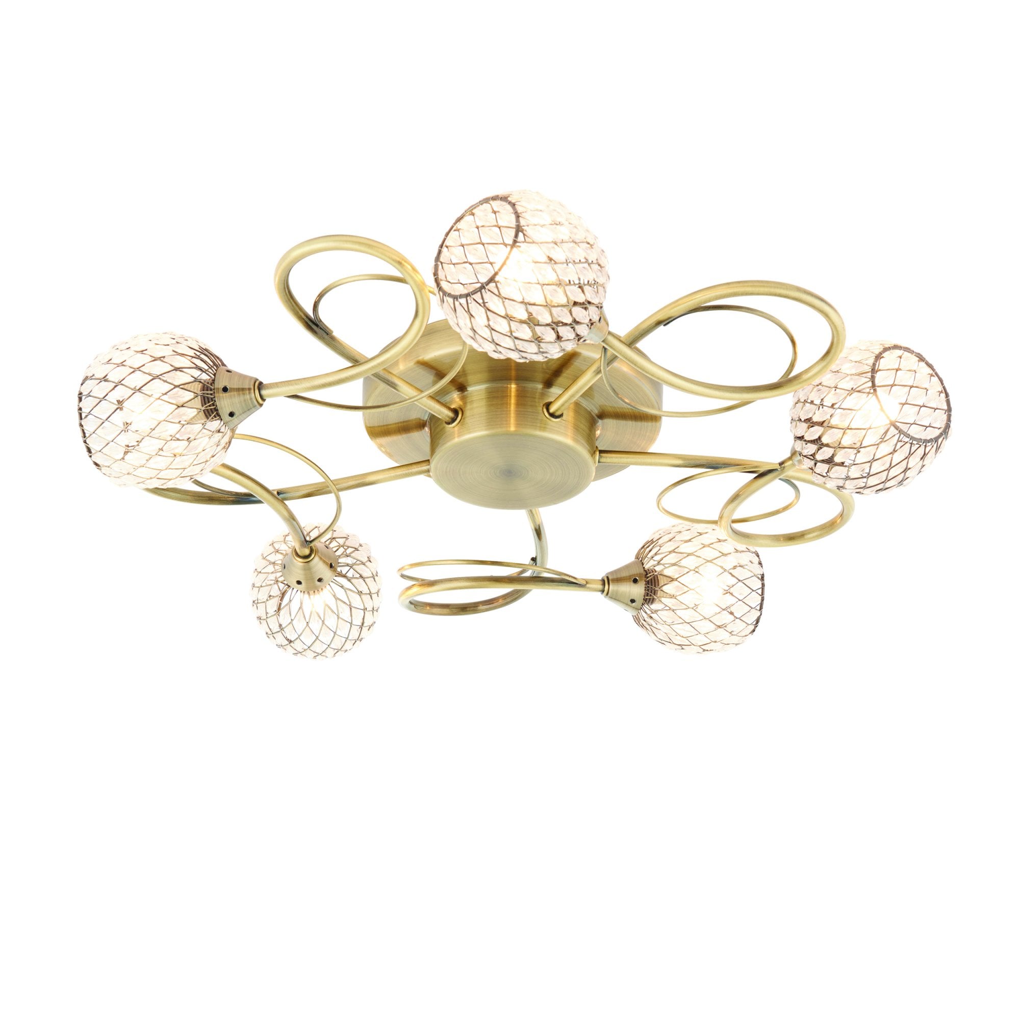 Aherne Stylish Five Light Semi Flush Light In Antique Brass With Clear Beads 73757
