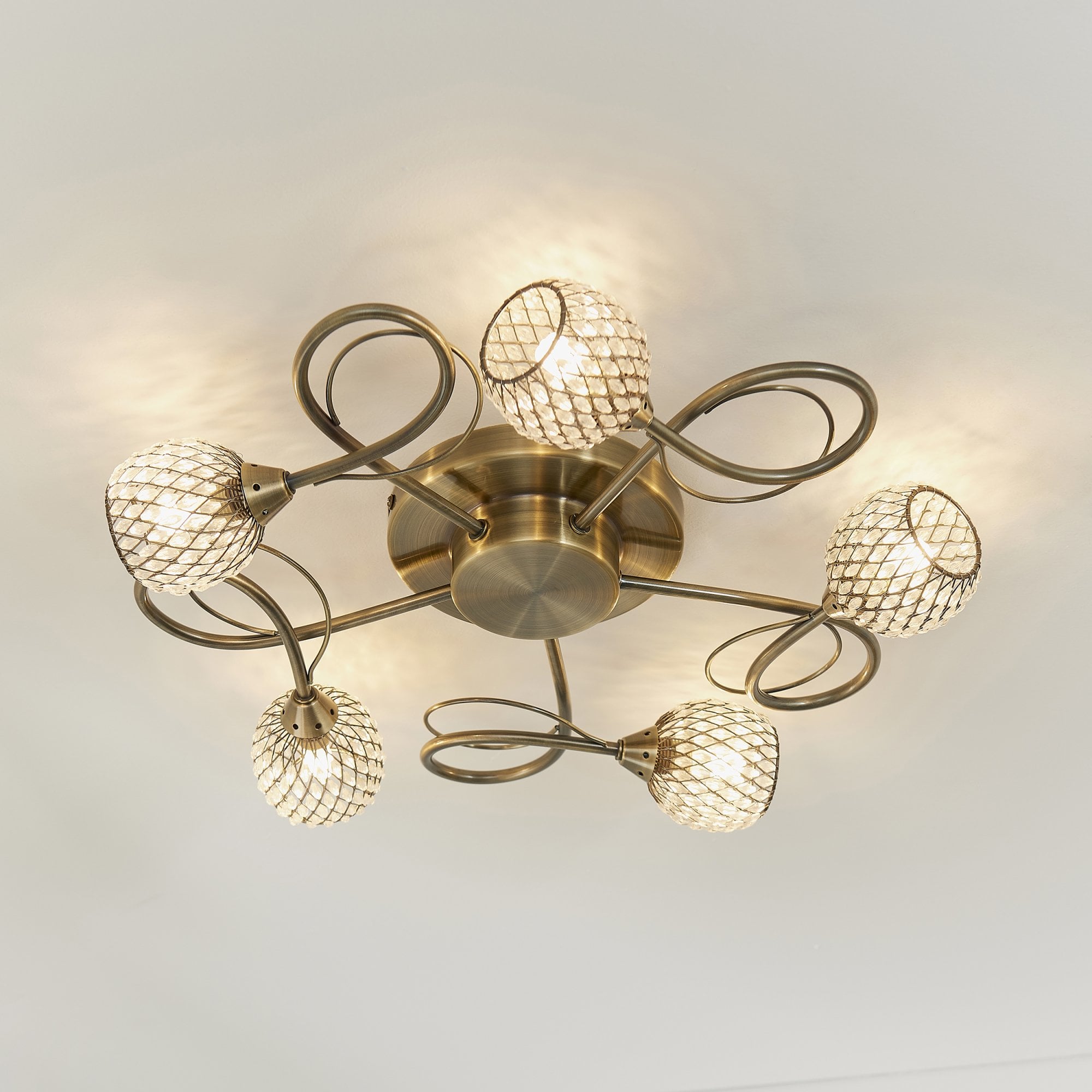 Aherne Stylish Five Light Semi Flush Light In Antique Brass With Clear Beads 73757