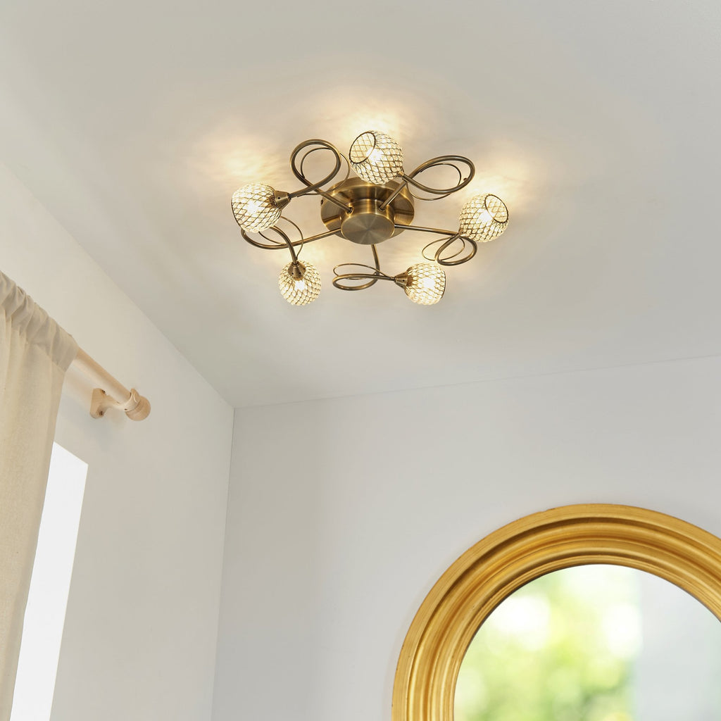Aherne Stylish Five Light Semi Flush Light In Antique Brass With Clear Beads 73757