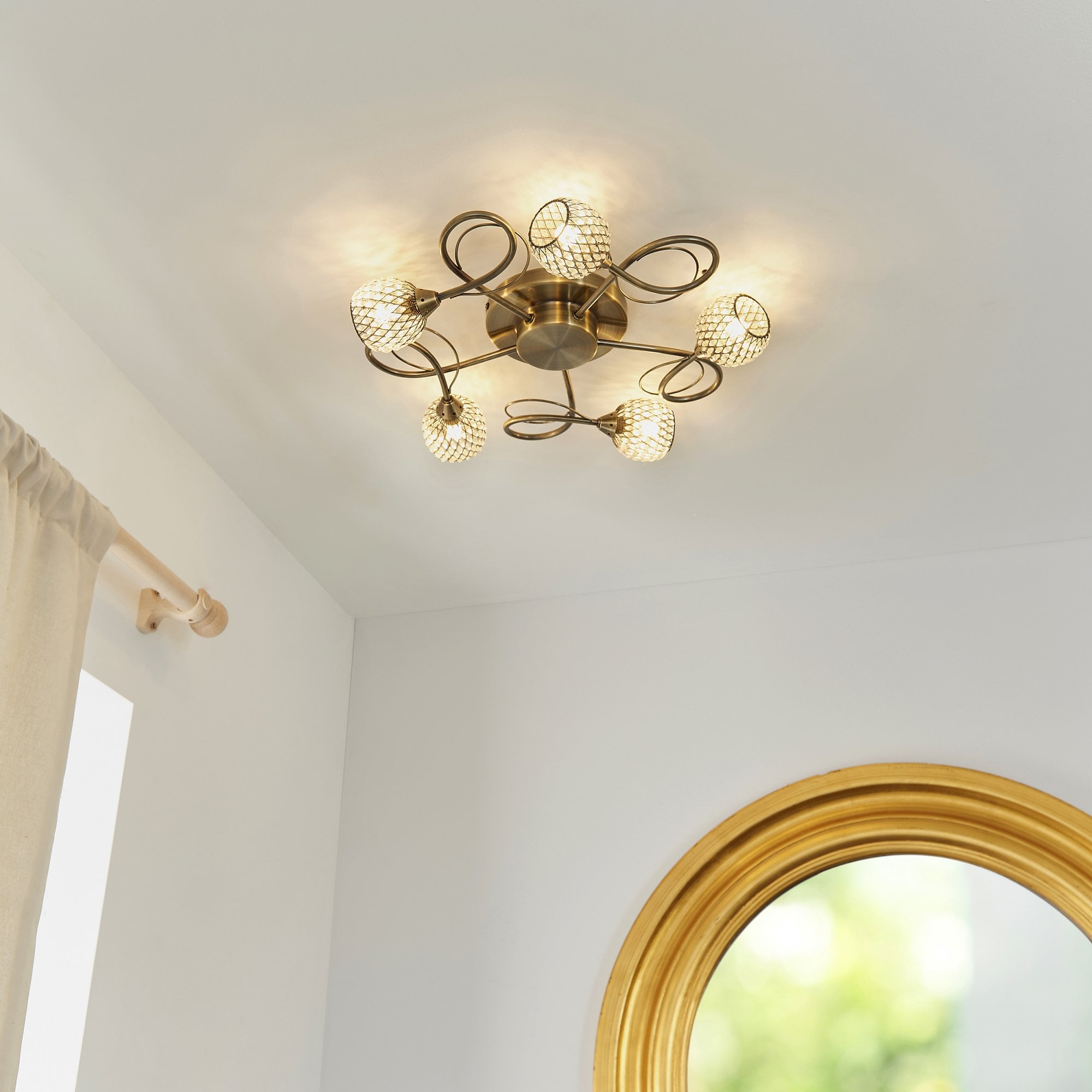 Aherne Stylish Five Light Semi Flush Light In Antique Brass With Clear Beads 73757