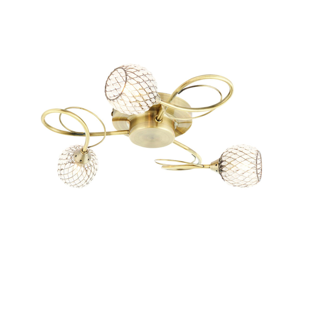 Aherne Stylish Three Light Semi Flush Ceiling Light In Antique Brass With Clear Beads 73758