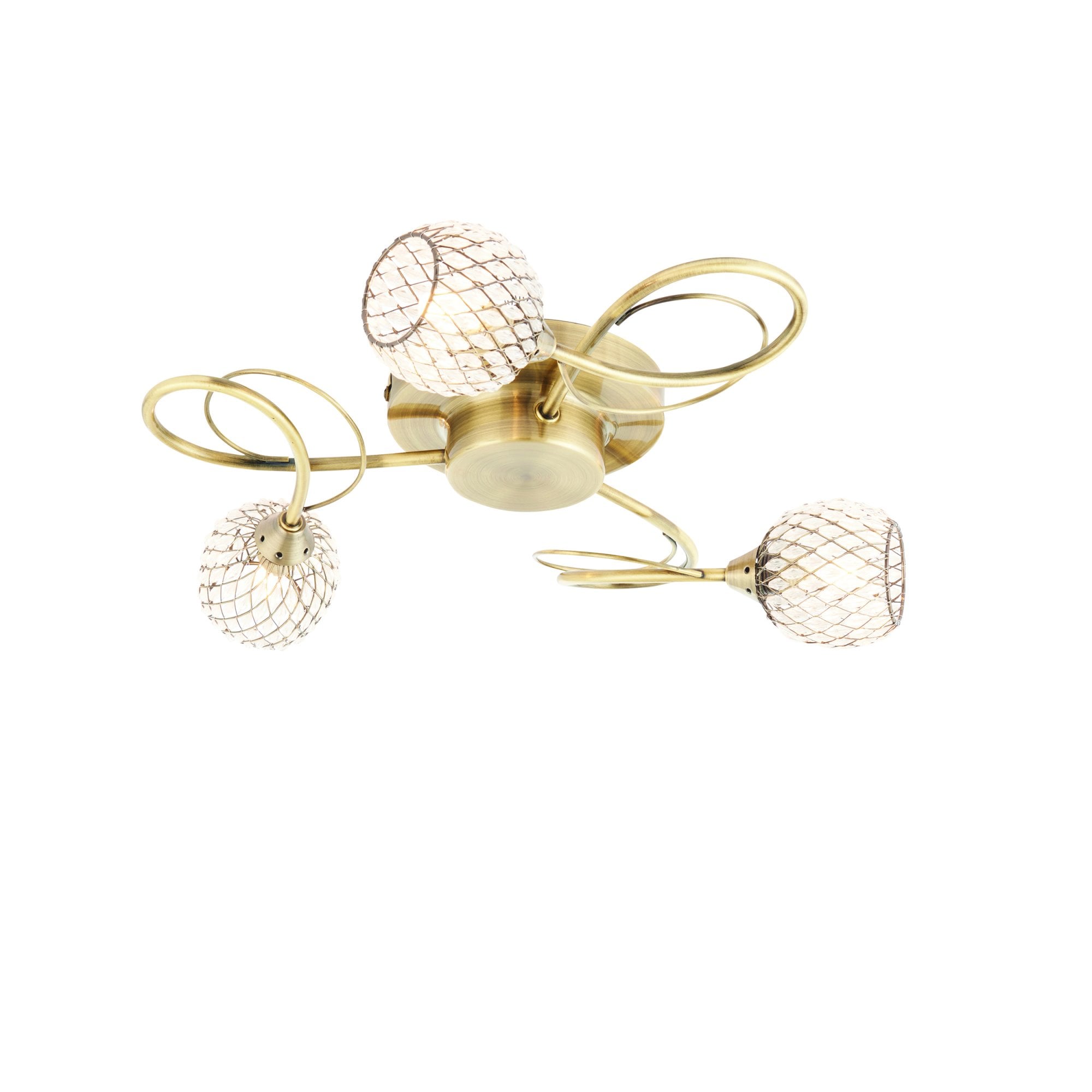 Aherne Stylish Three Light Semi Flush Ceiling Light In Antique Brass With Clear Beads 73758