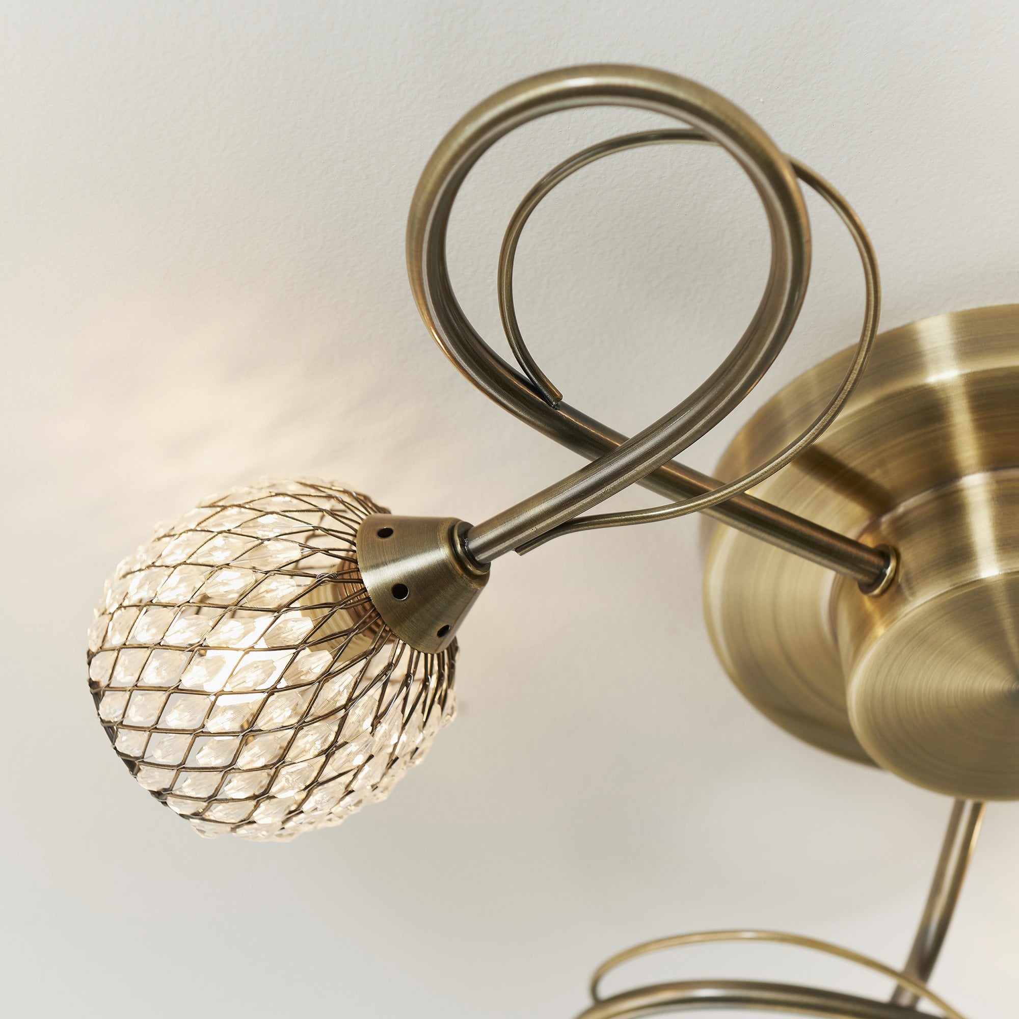 Aherne Stylish Three Light Semi Flush Ceiling Light In Antique Brass With Clear Beads 73758