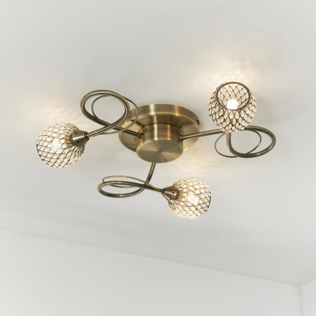 Aherne Stylish Three Light Semi Flush Ceiling Light In Antique Brass With Clear Beads 73758