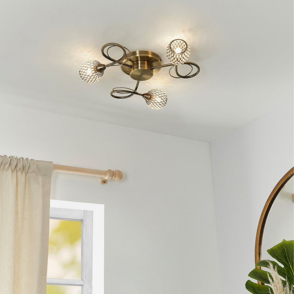 Aherne Stylish Three Light Semi Flush Ceiling Light In Antique Brass With Clear Beads 73758
