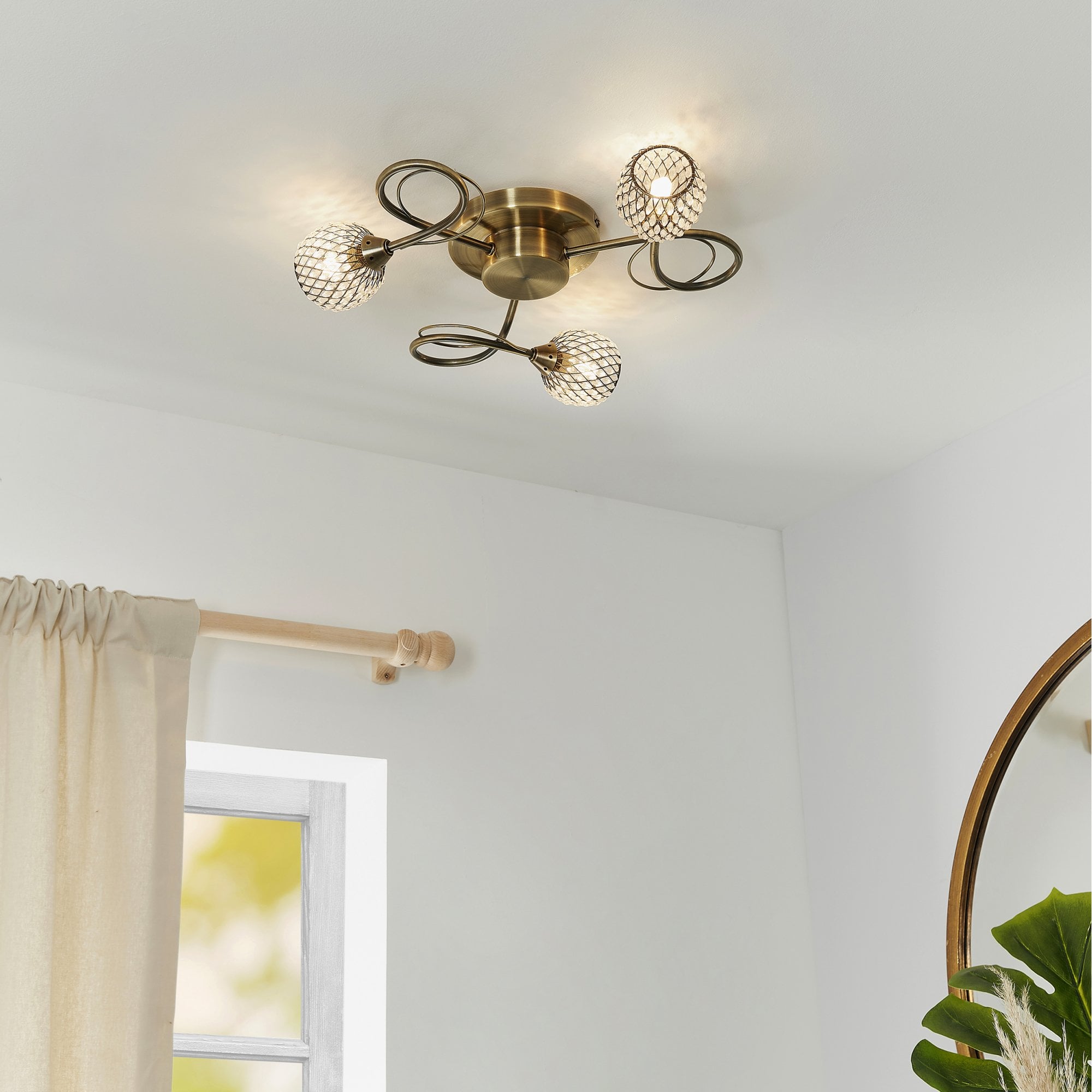 Aherne Stylish Three Light Semi Flush Ceiling Light In Antique Brass With Clear Beads 73758