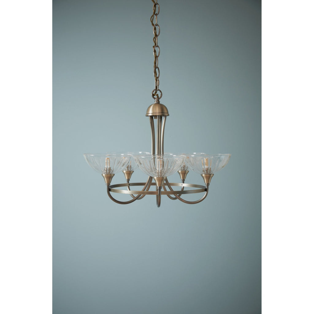 Wellham 5 Arm Ceiling Pendant Light In Antique Brass and Ribbed Glass LA3756414-Q