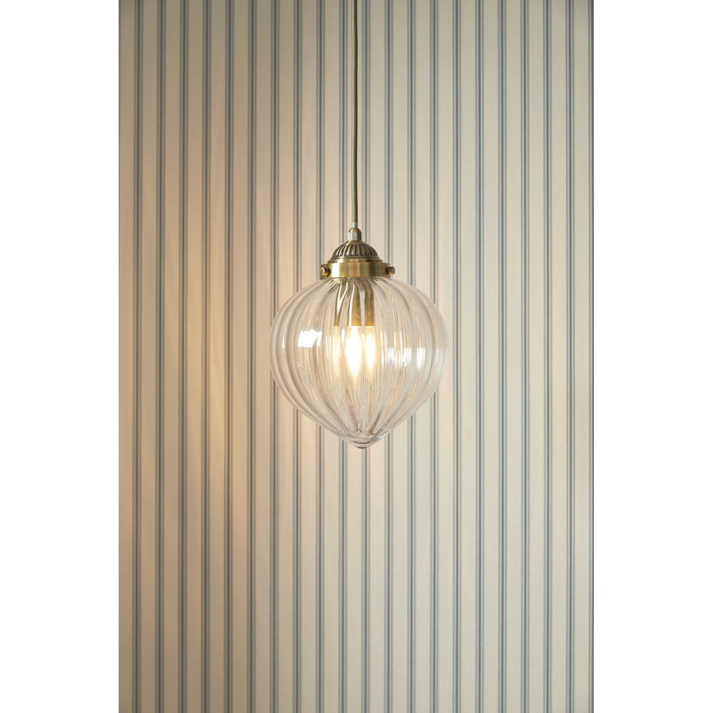 Whitham Single Ceiling Pendant Light In Antique Brass and Ribbed Glass LA3756404-Q