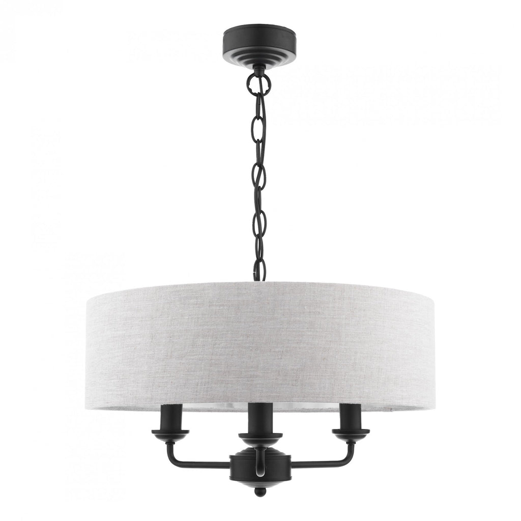 Sorrento 3 Light Ceiling Pendant Light In Matt Black With Natural Linen Shade LA3756362-Q