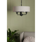 Sorrento 3 Light Ceiling Pendant Light In Matt Black With Natural Linen Shade LA3756362-Q