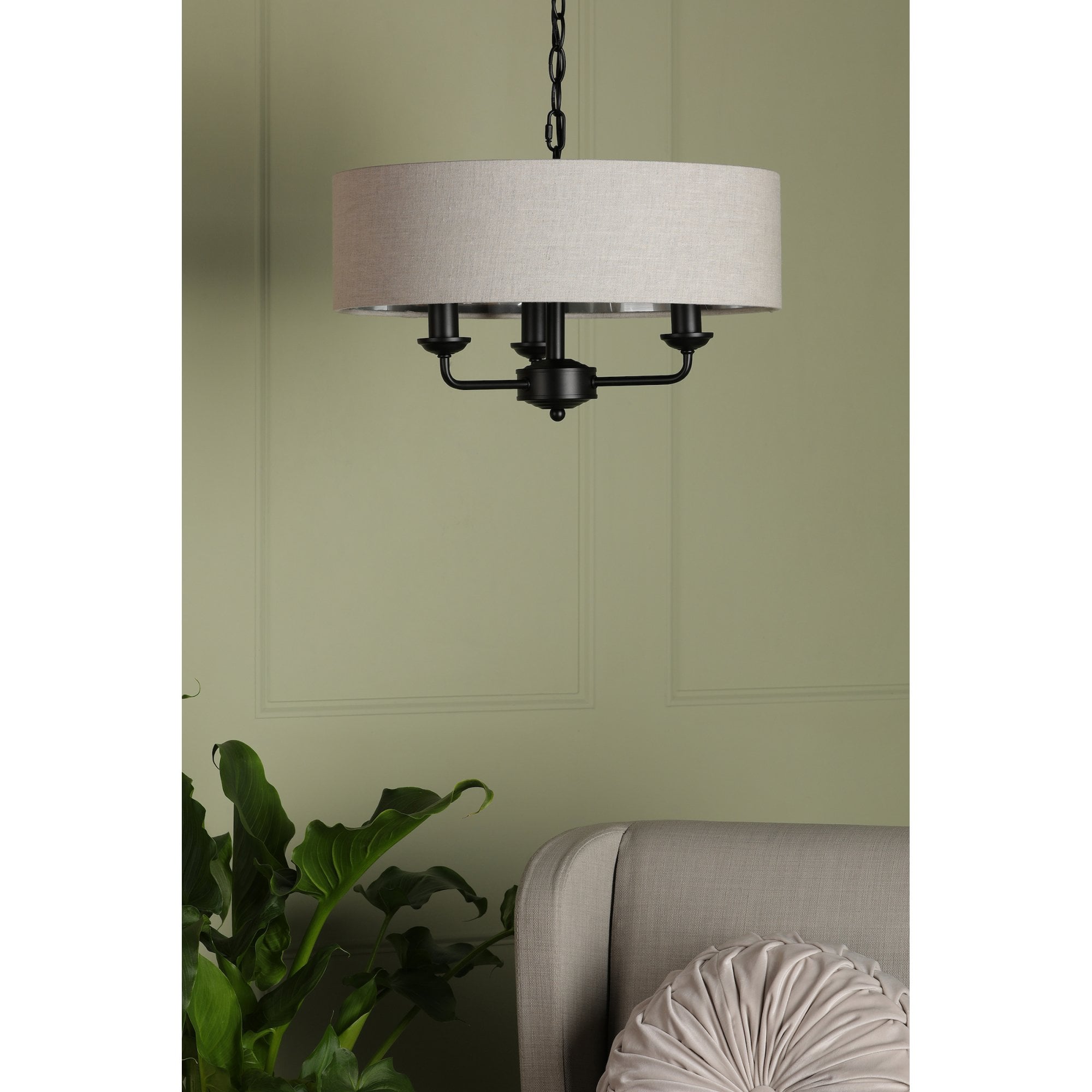 Sorrento 3 Light Ceiling Pendant Light In Matt Black With Natural Linen Shade LA3756362-Q