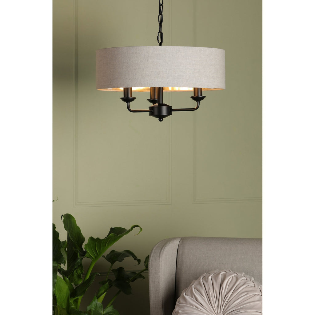 Sorrento 3 Light Ceiling Pendant Light In Matt Black With Natural Linen Shade LA3756362-Q