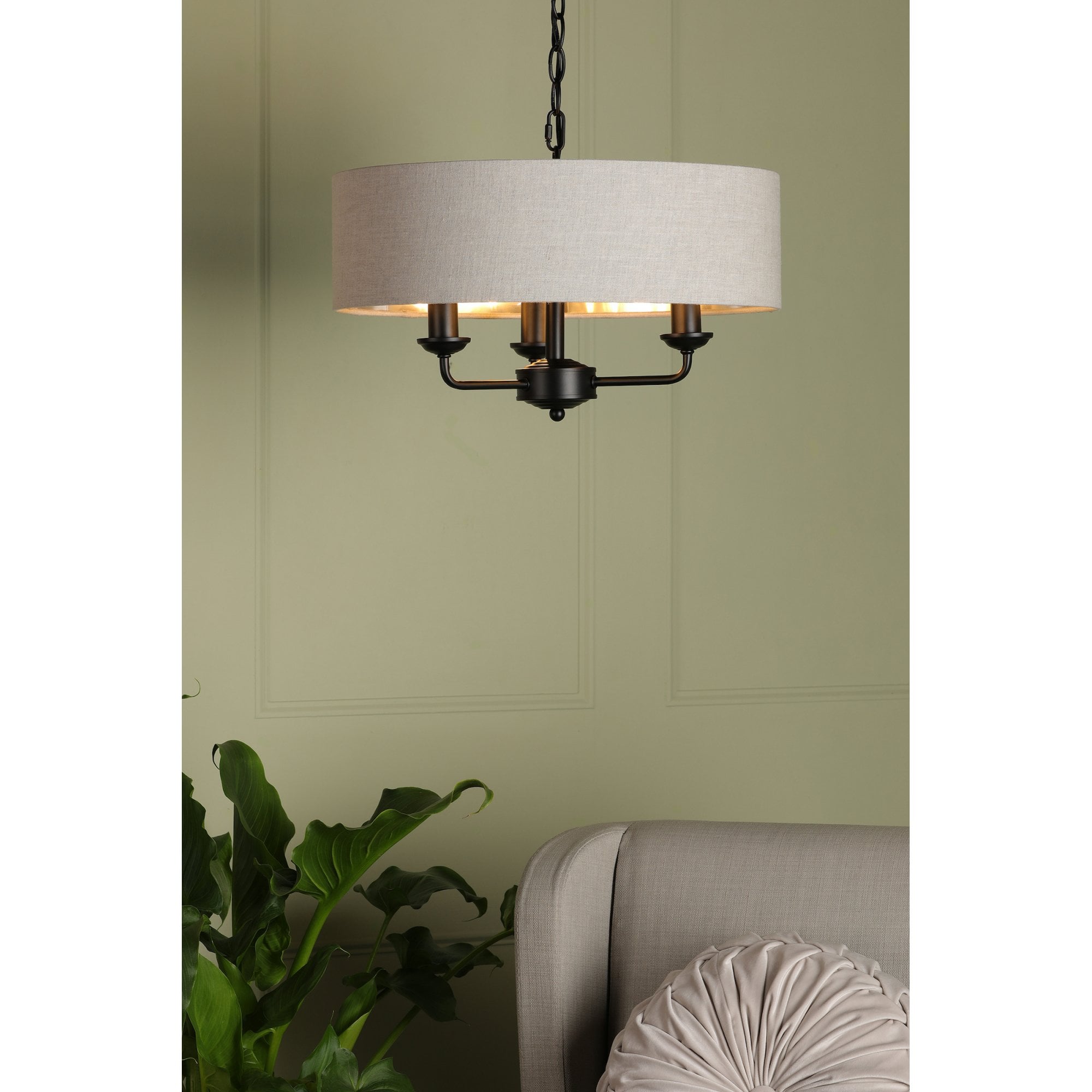 Sorrento 3 Light Ceiling Pendant Light In Matt Black With Natural Linen Shade LA3756362-Q