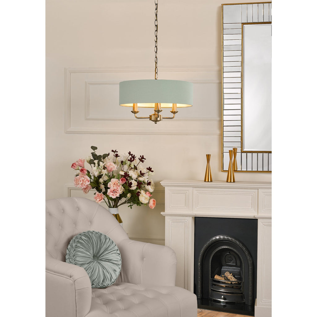 Sorrento 3 Light Ceiling Pendant Light In Antique Brass With Green Linen Shade LA3756409-Q