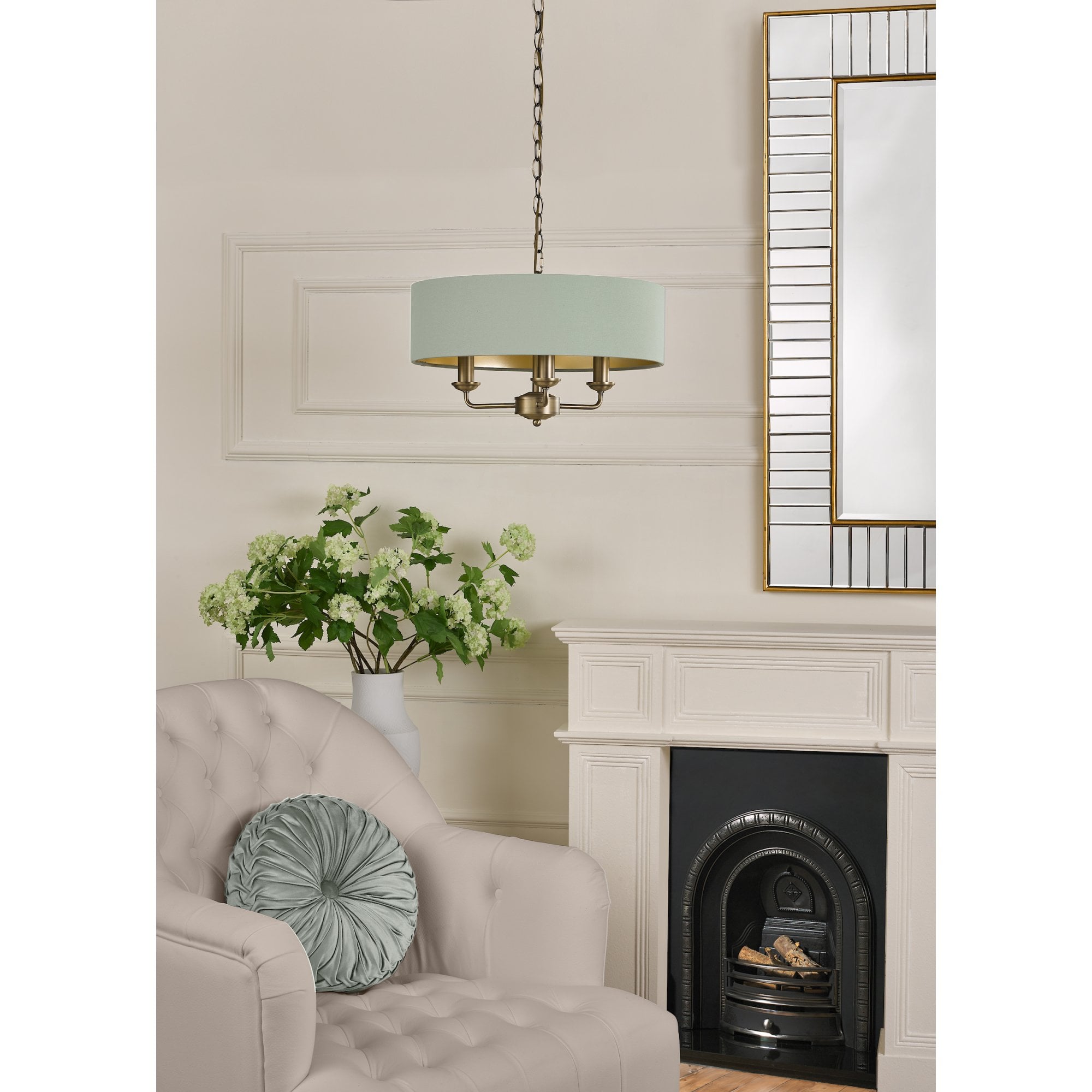 Sorrento 3 Light Ceiling Pendant Light In Antique Brass With Green Linen Shade LA3756409-Q