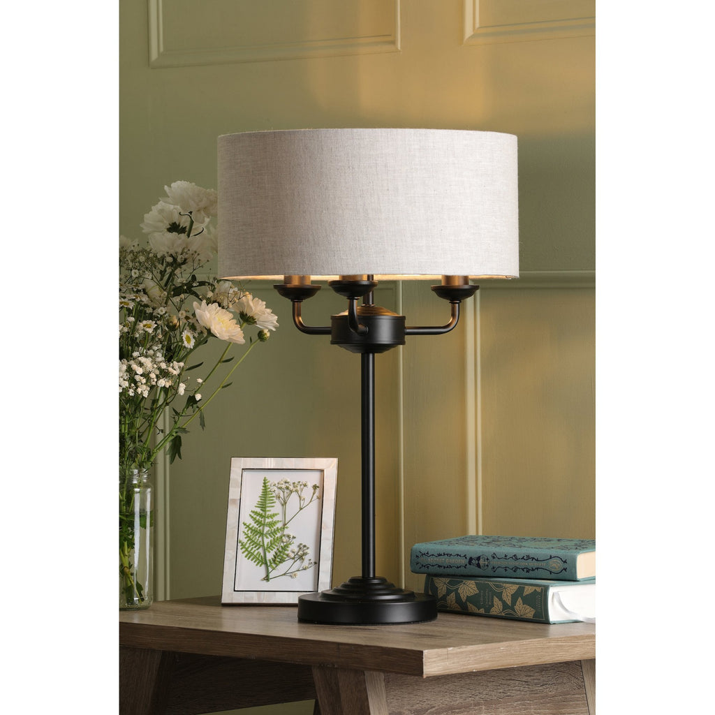 Sorrento 3 Light Table Lamp In Matt Black With Natural Linen Shade LA3756360-Q