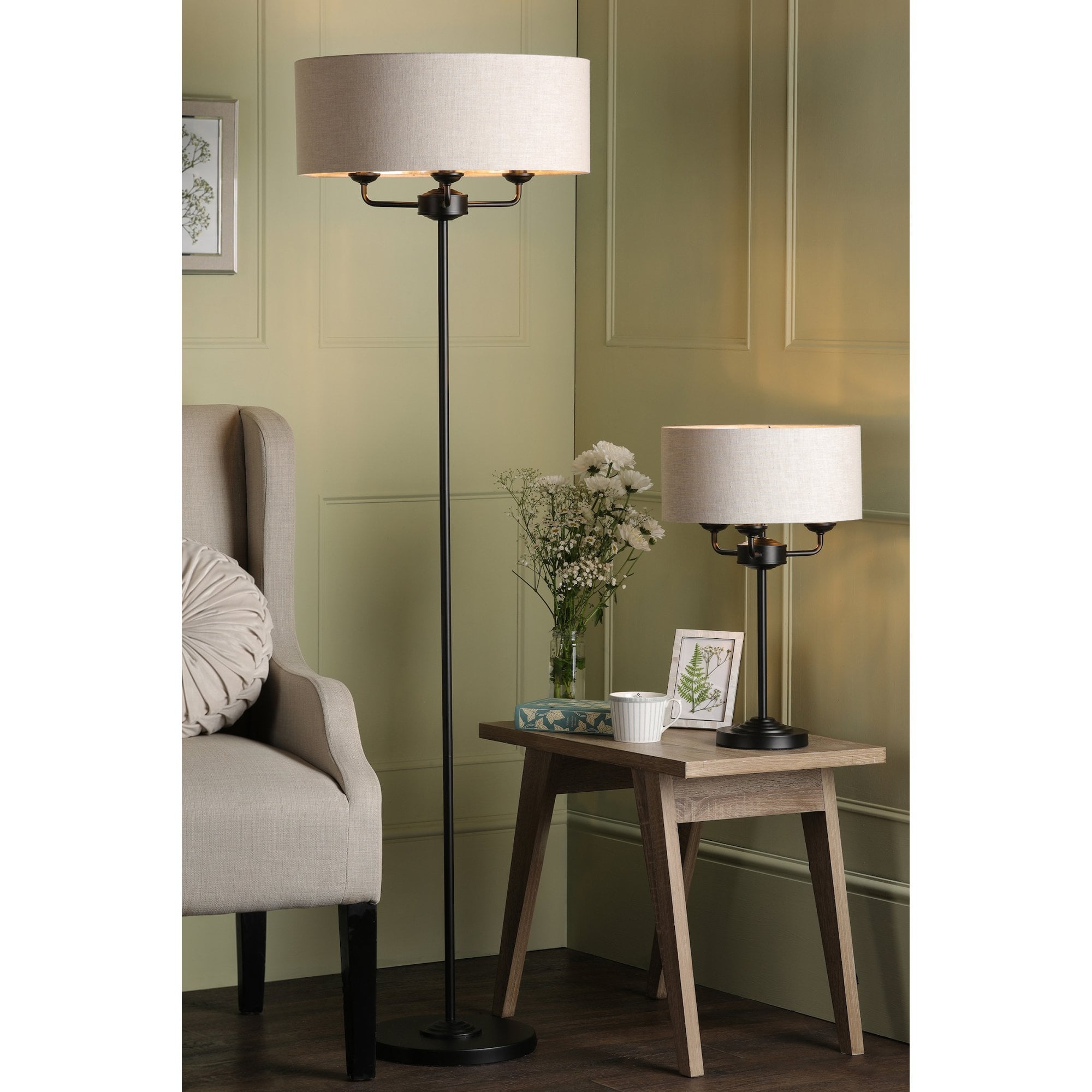 Sorrento 3 Light Table Lamp In Matt Black With Natural Linen Shade LA3756360-Q