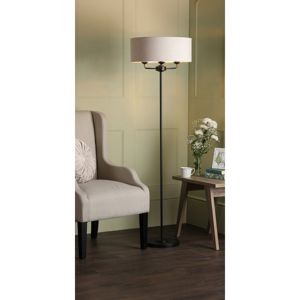 Sorrento 3 Light Floor Lamp In Matt Black With Natural Linen Shade LA3756361-Q