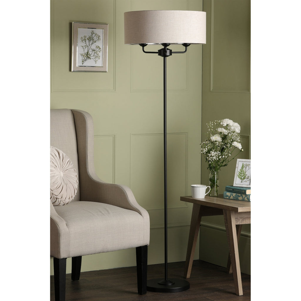 Sorrento 3 Light Floor Lamp In Matt Black With Natural Linen Shade LA3756361-Q