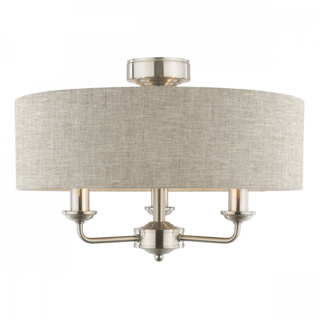 Sorrento 3 Light Semi-Flush Ceiling Light In Satin Nickel and Natural Linen Shade LA3756393-Q