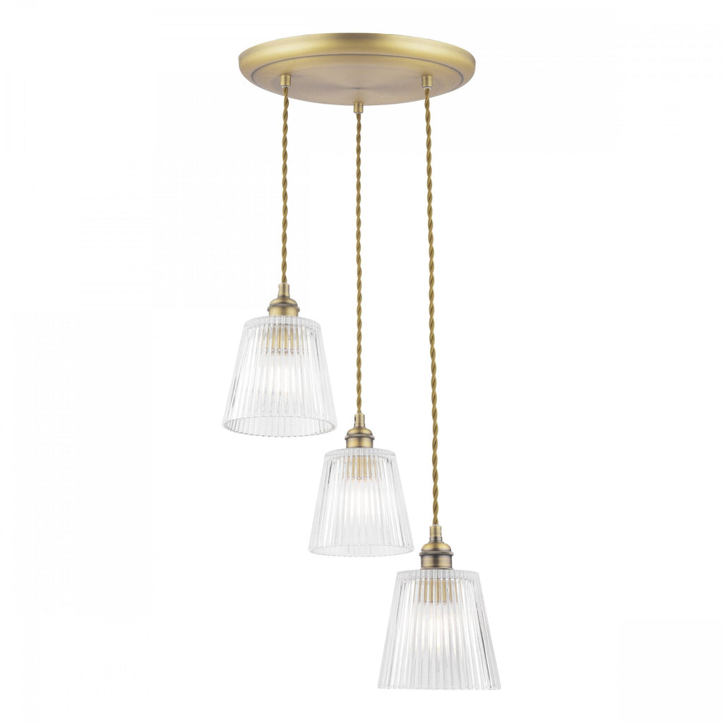Callaghan Classic 3 Light Pendant In Antique Brass Finish With Ribbed Glass Shades LA3756388-Q