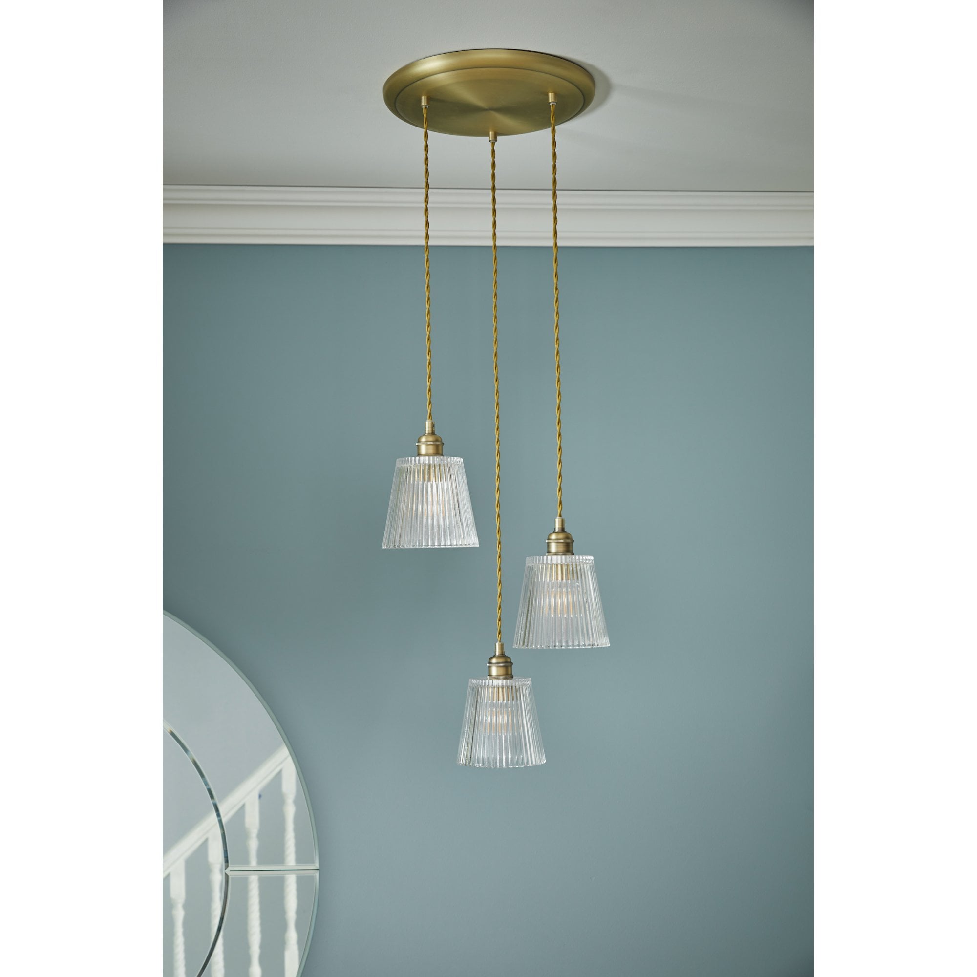 Callaghan Classic 3 Light Pendant In Antique Brass Finish With Ribbed Glass Shades LA3756388-Q